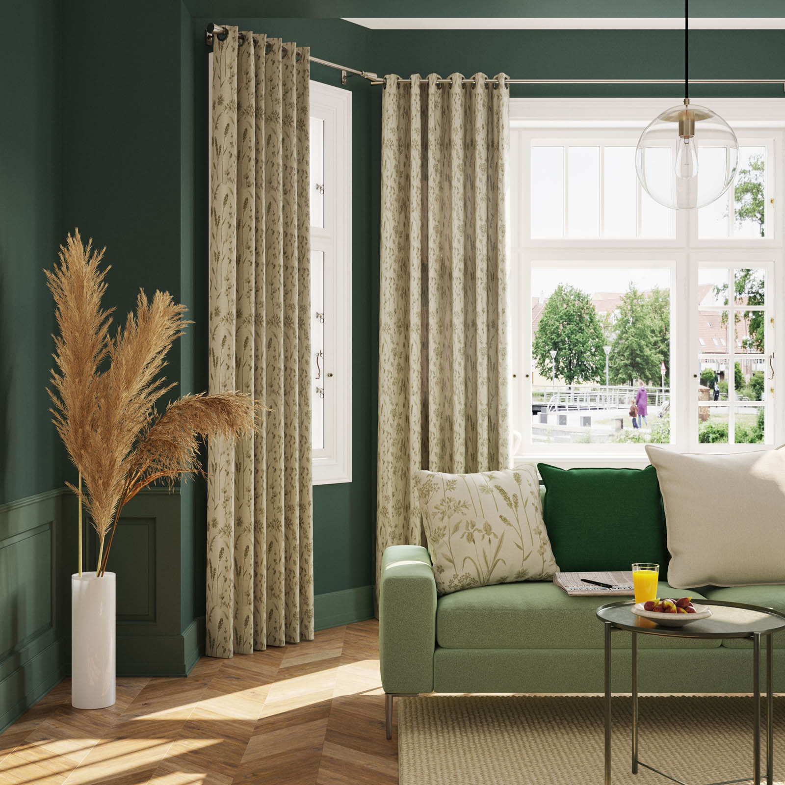GoodHome Eyelet Curtain Otema Light green Herbarium Lined Pair (W)167cm (L)183cm - Image 2