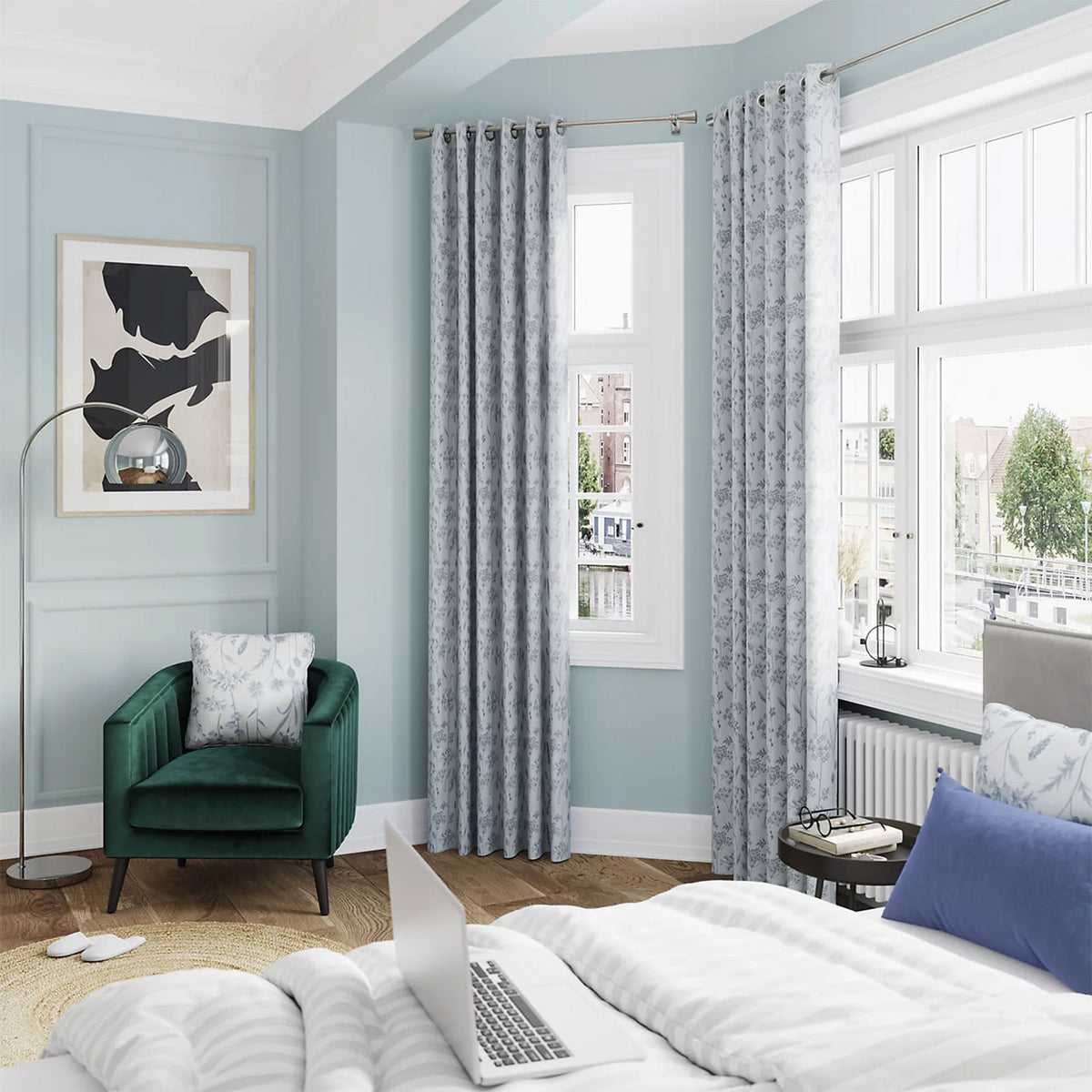 Otema Herbarium Lined Eyelet Curtains Blue 228x228cm Pair - Image 2