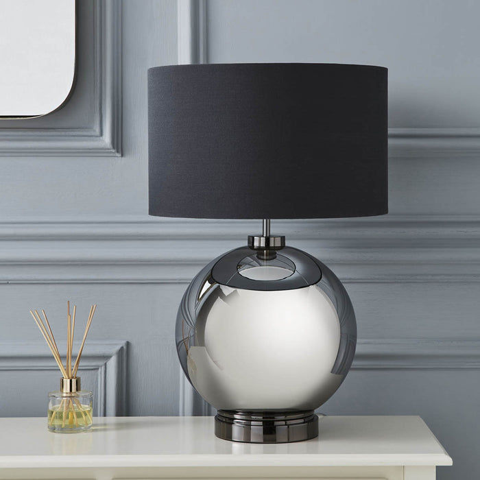 Table Lamp Black Nickel Effect Round Ball Drum Shade Modern Smoke Finish - Image 2