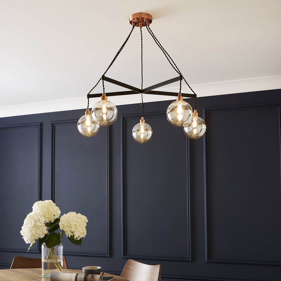 LED Pendant Ceiling Light 5 Way Matt Black Copper Effect Globe Shades (Dia)72cm - Image 1