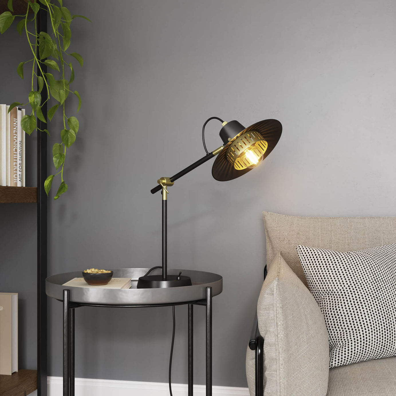 Table Lamp Delagoa Industrial Matt Black Gold Modern Open Shade Metal - Image 2