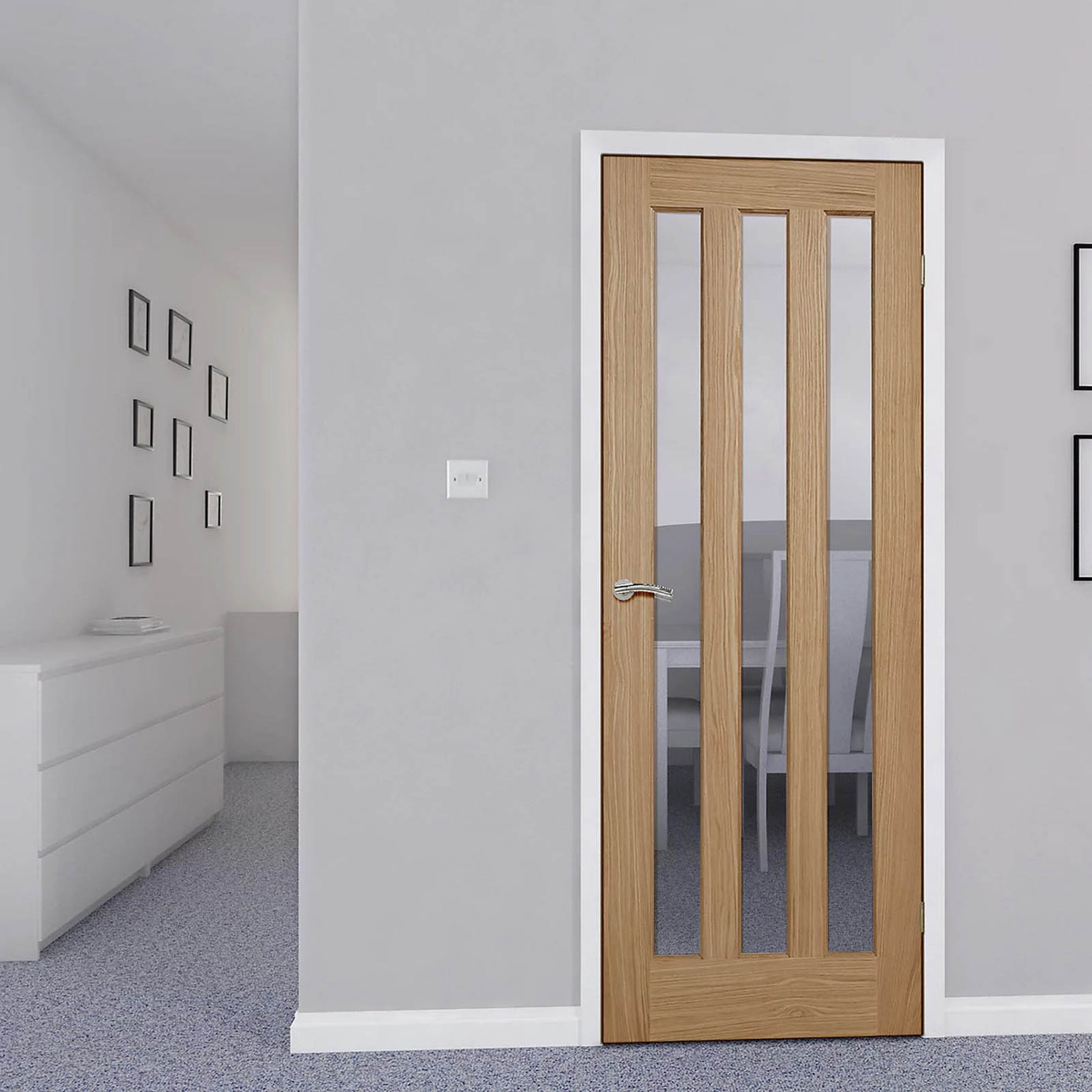 Fortia Vertical 3 Lite Clear Glazed Contemporary Natural Oak veneer Internal Timber Door, (H)1981mm (W)686mm (T)35mm - Image 4