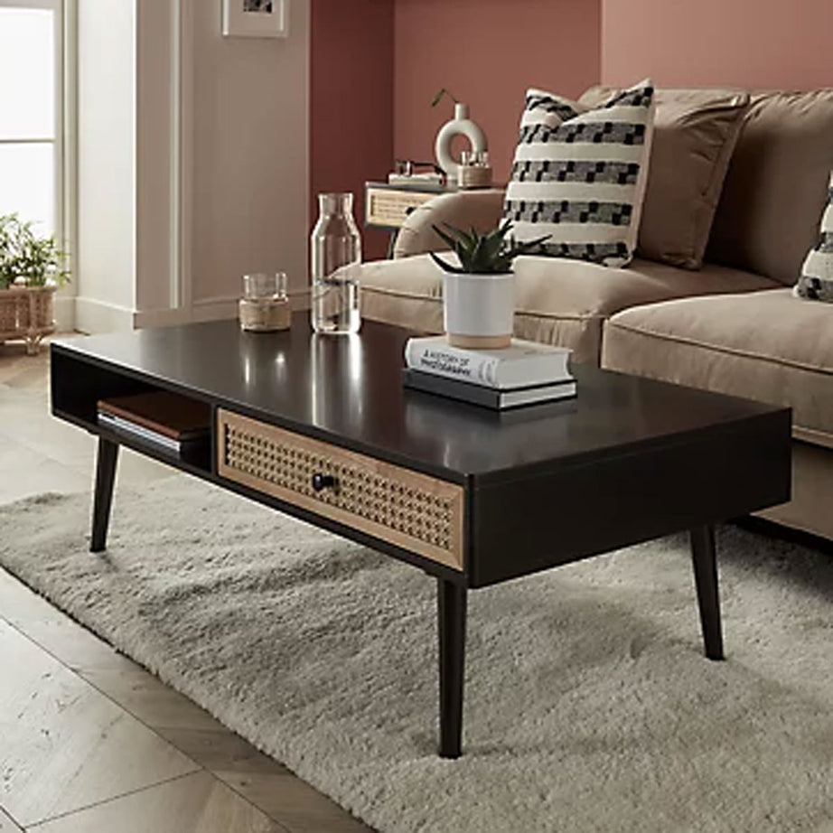 Coffee Table Matt Black Rectangular Wooden With Window Shelf And Drawer Modern - Image 6