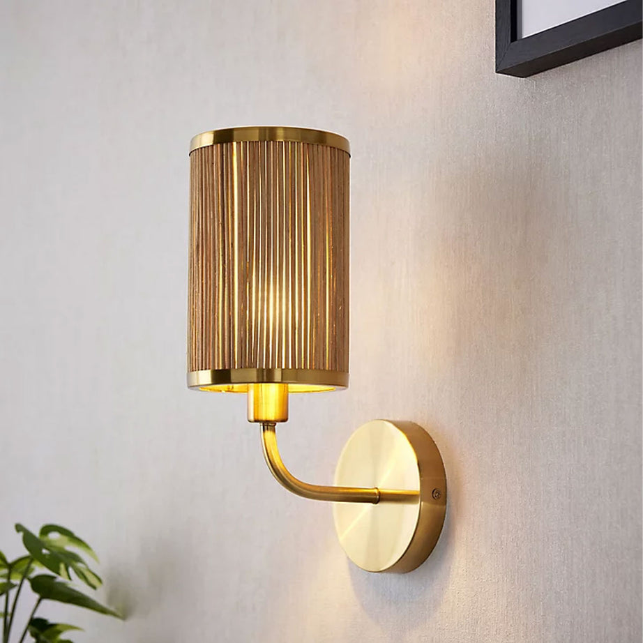 Wall Light Indoor Natural Bamboo Satin Gold Effect Contemporary Drum 1 Arm - Image 1