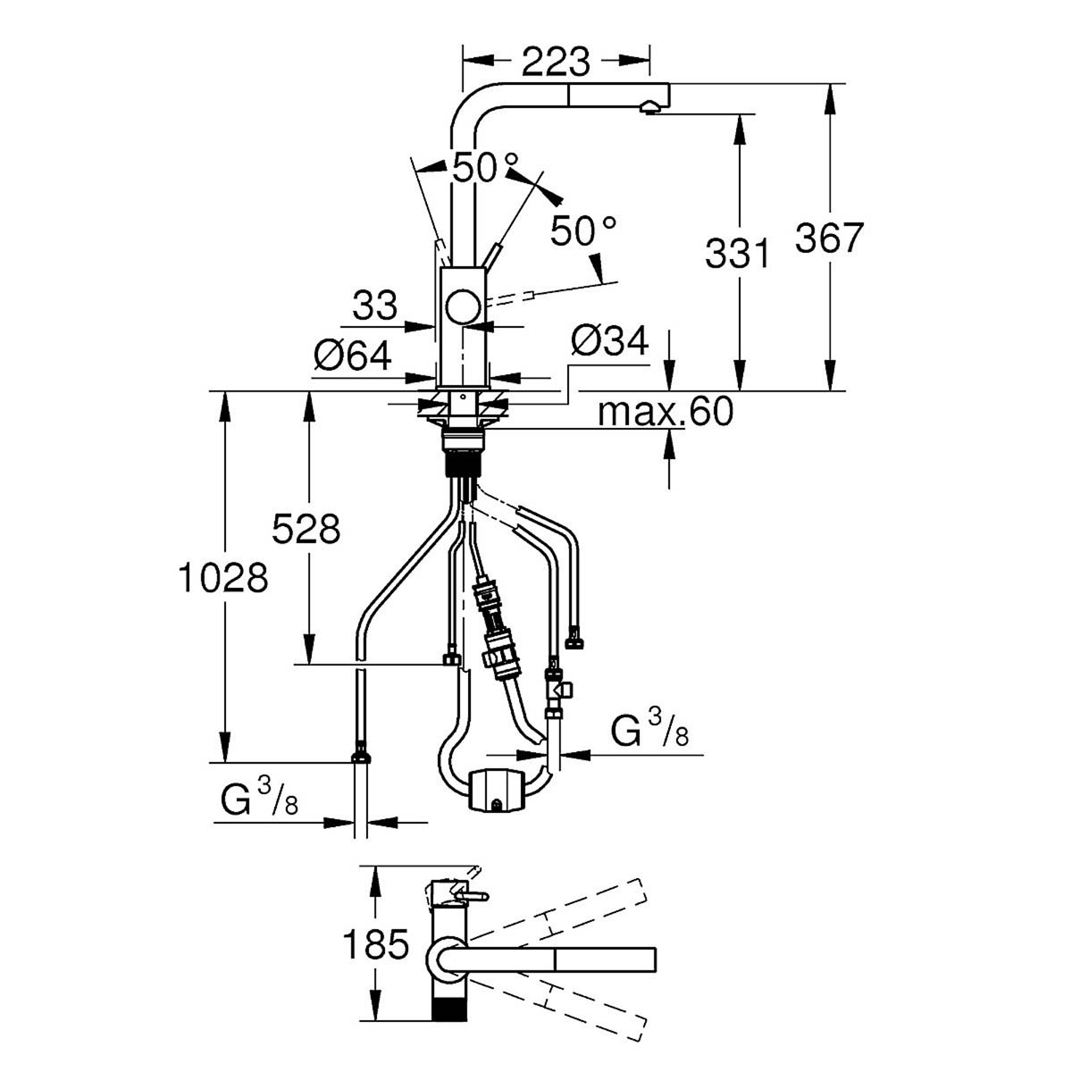 Grohe Kitchen Tap Mono Mixer Chrome Pull Out Spray Single Lever Modern Faucet - Image 3