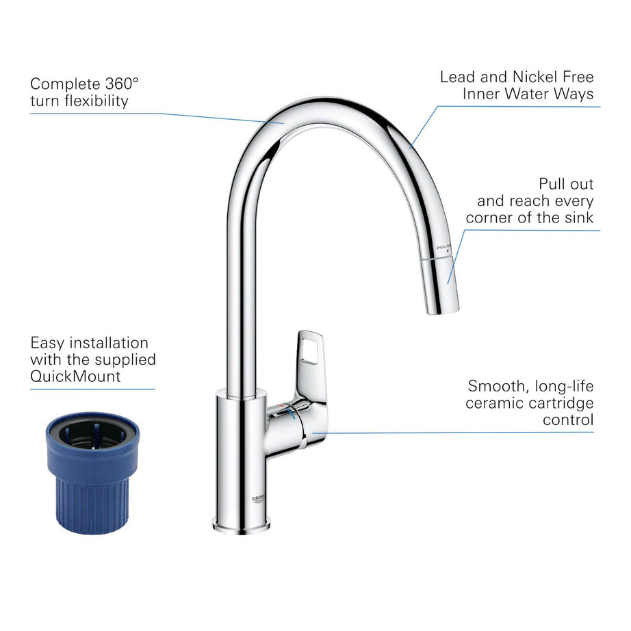 Grohe Kitchen Sink Tap Mixer Chrome Single Lever Pull Out Spout Contemporary - Image 4