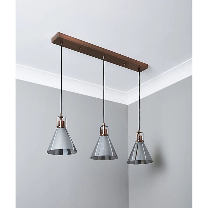 Pendant Ceiling Light 3 Way Multi Arm Cone Antique Copper Effect Industrial - Image 4