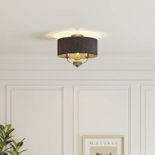 Ceiling Light 3 Lamp LED Satin Fabric Metal Navy Antique Brass Effect Round - Image 1