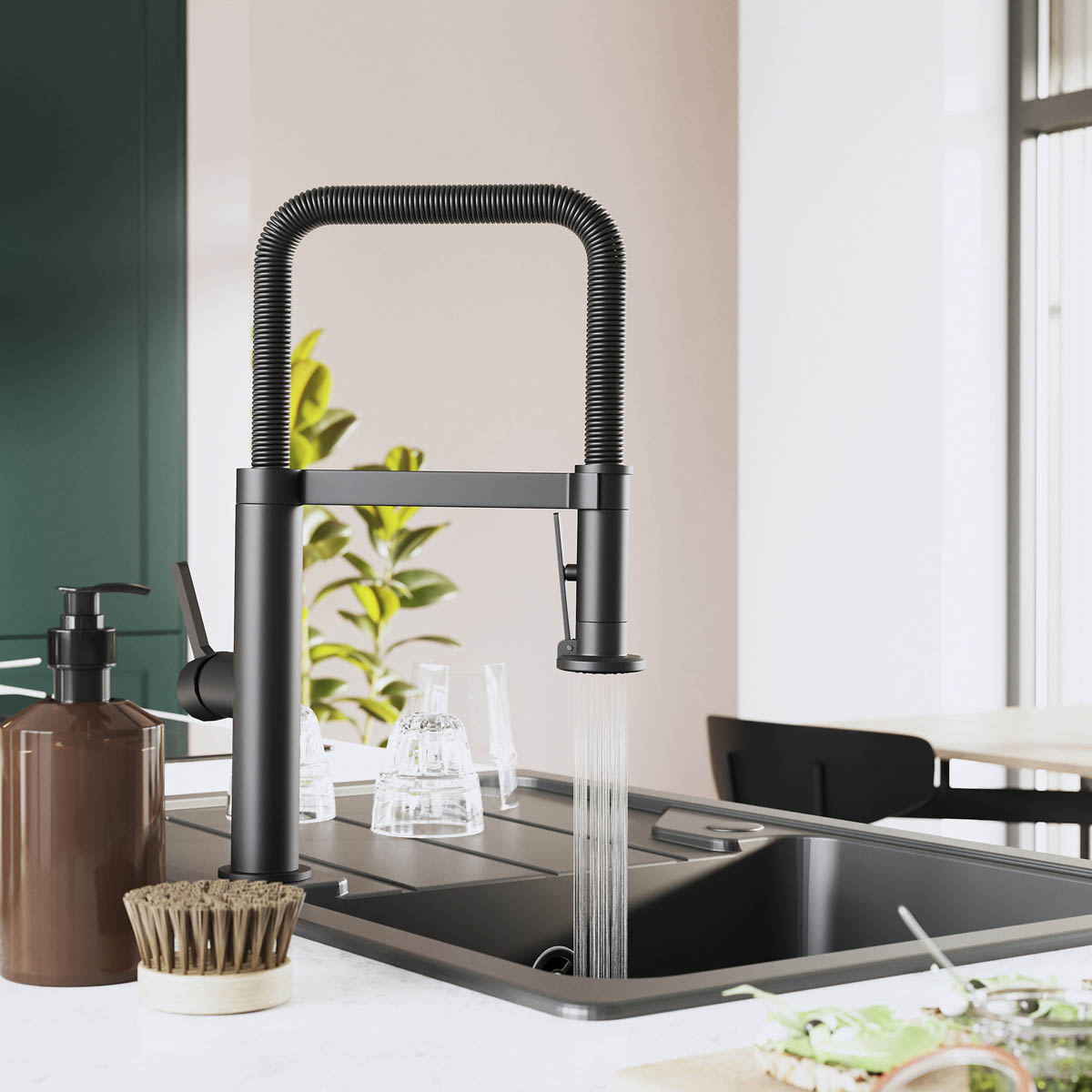 Kitchen Tap Mixer Graphite Single Lever Spring Neck Swivel Spout Modern Faucet - Image 5