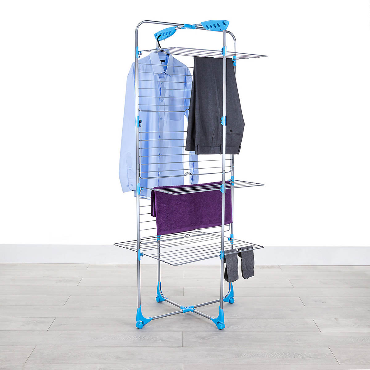 Clothes Airer Laundry Dryer Rack Indoor 4 Tier For Long Items Foldable Wheels - Image 2