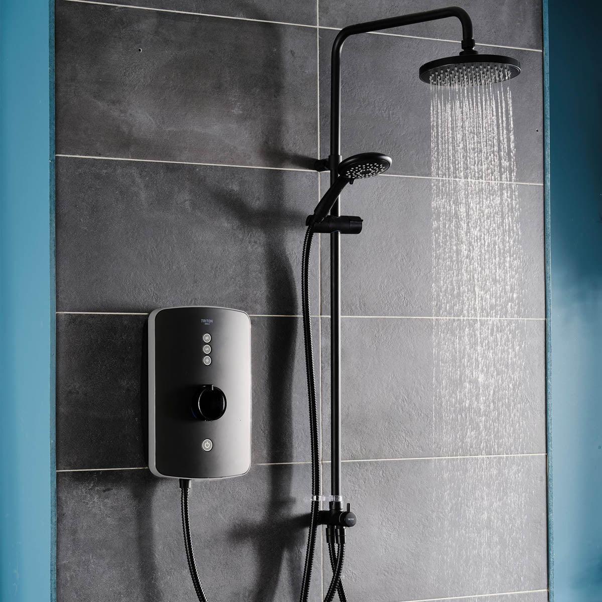 Triton Electric Shower Black Twin Head Steel Bathroom Round Modern 9.5kW - Image 2