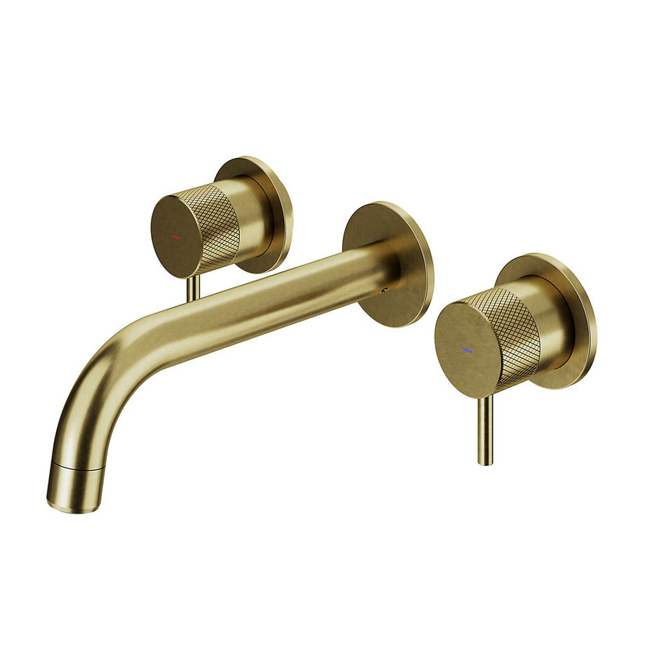 Basin Tap Mono Mixer Double Lever Gold Plated Round Wall Mounted Waste Modern - Image 1