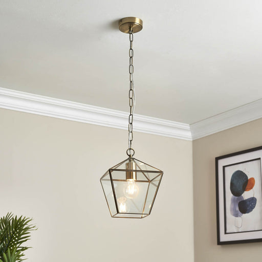 LED Pendant Ceiling Light Antique Brass Geo Glass Shade adjustable Drop Dia 21cm - Image 1