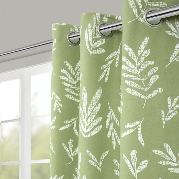 Curtain Lined Eyelet Light Green Printed Leaves Pattern (W)228cm (L)228cm Pair - Image 2