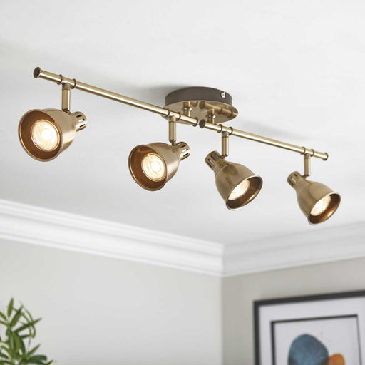 Spotlight Bar 4 LED Lamps Steel Antique Brass Effect Adjustable Dimmable - Image 1