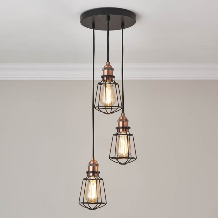 Ceiling Light  Matt Steel Black 3 Way Dimmable Caged Design Pendant E27 10W - Image 2