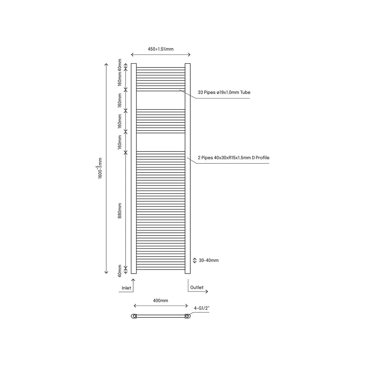 Flomasta Towel Rail Radiator Flat Chrome 1531BTU Vertical Bathroom H160xW45cm - Image 2