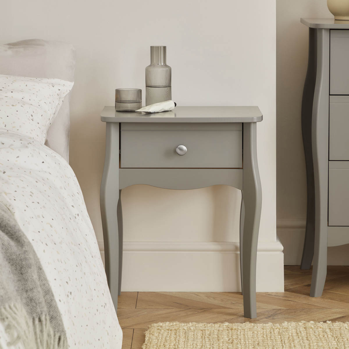 Lautner Bedside Table 1 Drawer Satin Grey French Style MDF (H)550(W)450(D)353mm - Image 2