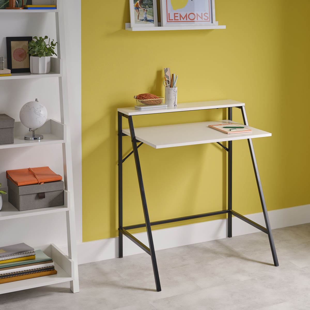 Manera Two Shelf Desk Matt White Compact Home Office (H)840 (W)740 (D)515mm - Image 1