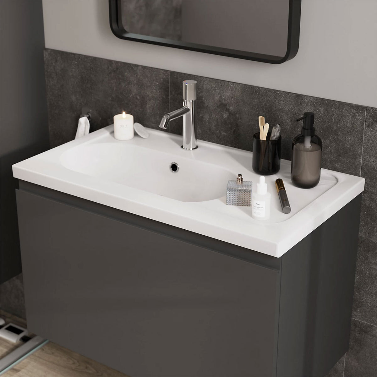 Bathroom Vanity Basin Gloss White Ceramic Rectangular Contemporary (W)80.6cm - Image 1