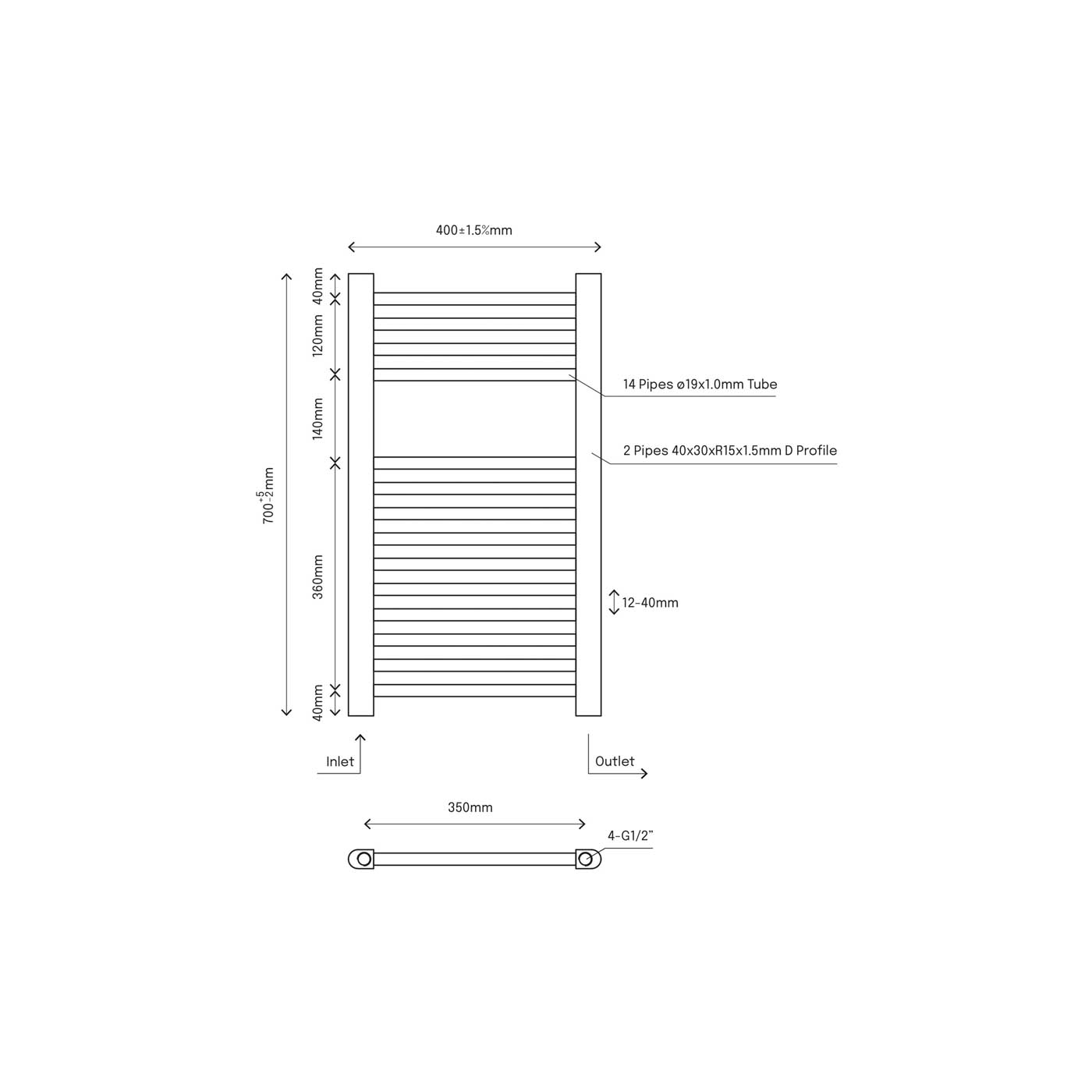 Flomasta Towel Rail Radiator Flat Chrome Effect Vertical 563BTU (W)400x(H)700mm - Image 2