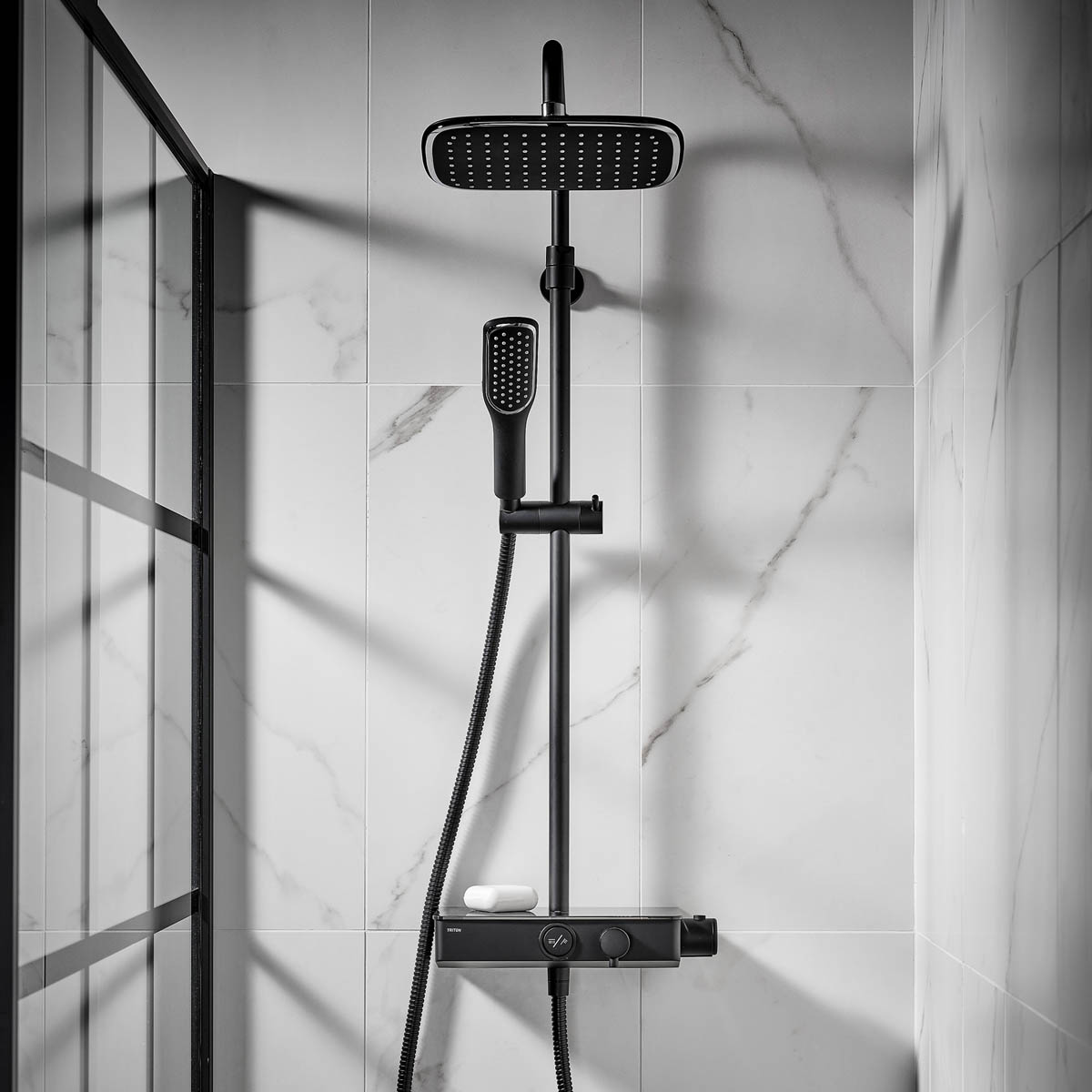 Triton Thermostatic Mixer Shower Dual Head Matt Black Brushed Steel Square - Image 2