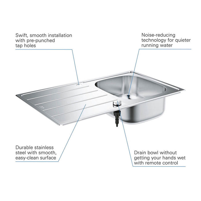 Kitchen Sink Stainless Steel 1 Bowl Reversible Drainer Rectangular With Waste - Image 7