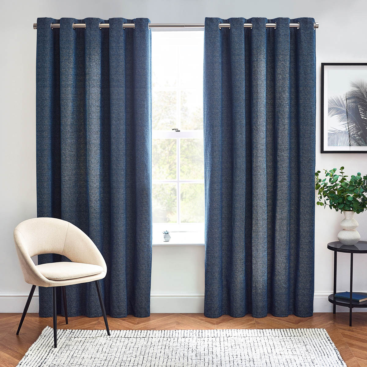 Eyelet Curtains Blue Lined Chenille Effect Ready Made Ring Top Pair W167xL228cm - Image 1