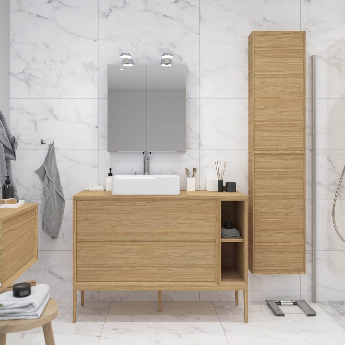 Bathroom Cabinet Double Mirrored Door Matt Black Wall Mounted (H)670 x (W)600 mm - Image 3