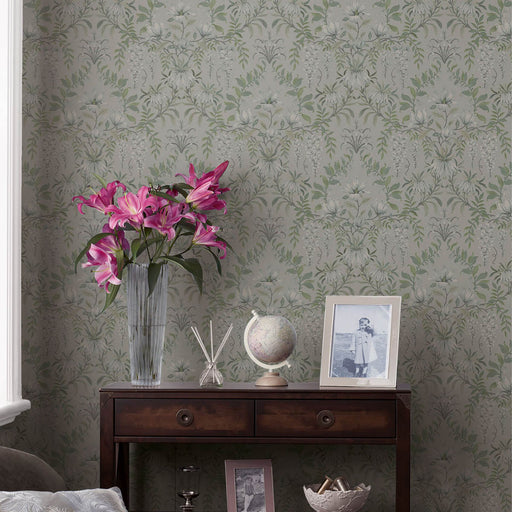 Wallpaper Sage Vintage Floral Damask Smooth Matt Fresh Modern Patterned - Image 1