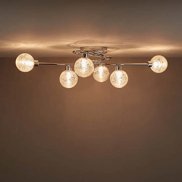 Ceiling Light 6 Lamp Crackle Finish Glass Metal Chrome Effect Contemporary - Image 5