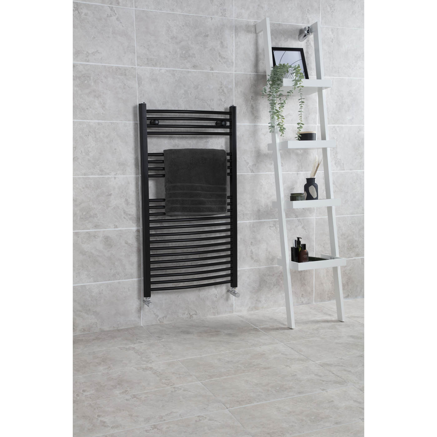 Flomasta Towel Rail Radiator Black Curved Bathroom Warmer Ladder (H)110x(W)60cm - Image 1