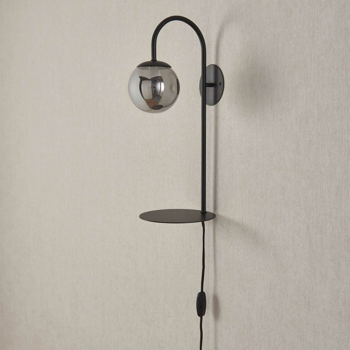 Wall Light Shelved Smoked Glass Steel Matt Black Plug-in Indoor Modern - Image 3