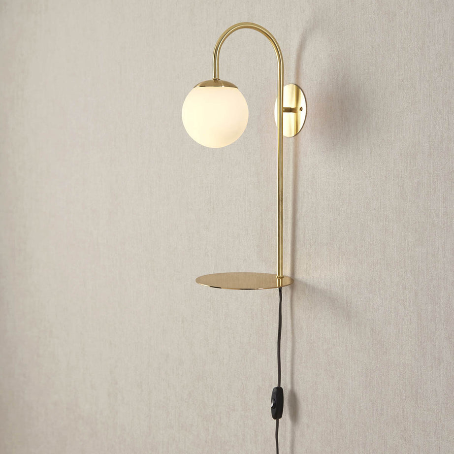 Wall Light Indoor Brass Effect Plug-in Globe Glass Shade Inline Switch Modern - Image 1