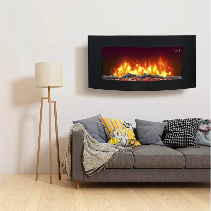 Electric Fireplace Wall Mounted LED Flame Log Effect Timer Black Glass 2000W - Image 2