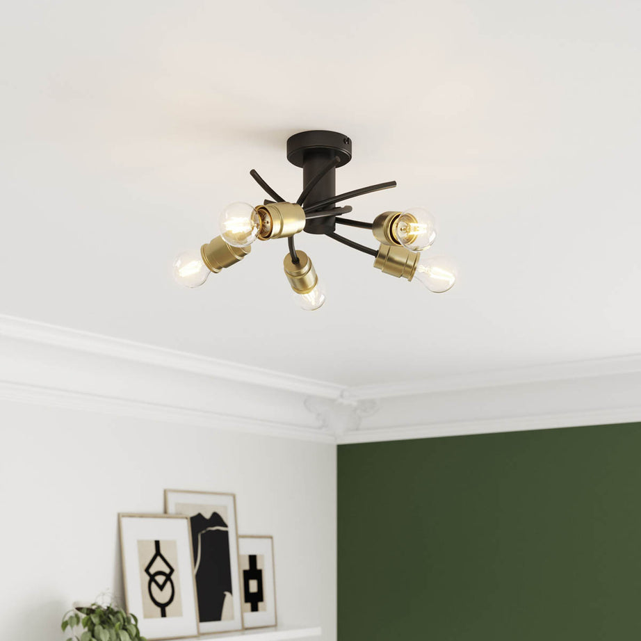 Ceiling Light 5 Way Antique Brass Matt Black E27 Vintage Living Room Bedroom 40W - Image 1