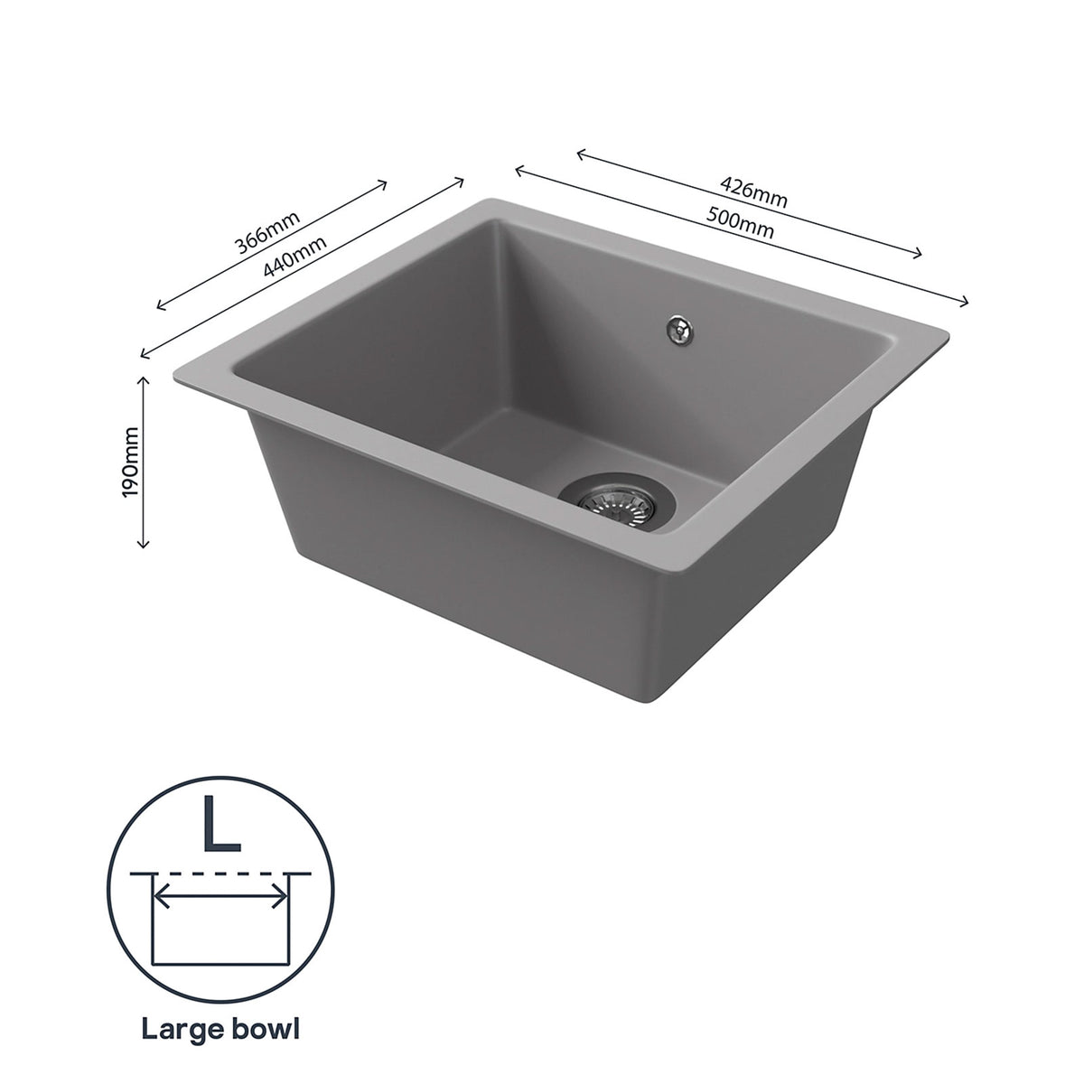 GoodHome Borage Kitchen Sink 1 Bowl Grey Resin 440x500mm Inset - Image 4