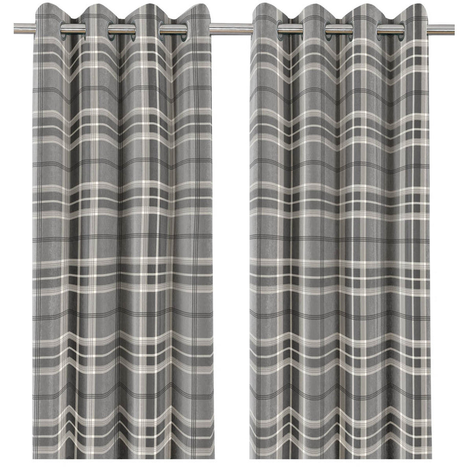 Eyelet Curtain Pair Grey Check Lined Bay Window Rust Resistant (W)167 (L)183cm - Image 1