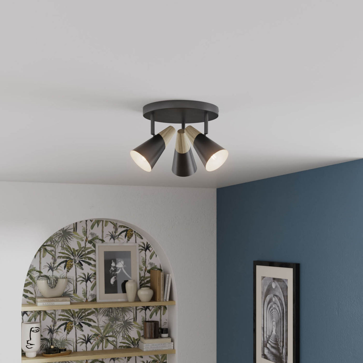 LED Ceiling Spotlight 3 Way Multi Arm Matt Black Wooden Adjustable Heads Modern - Image 3