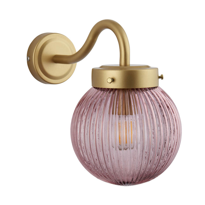 Outdoor Wall Light Ribbed Glass Pink Shade Steel Satin Gold Dimmable Modern - Image 4