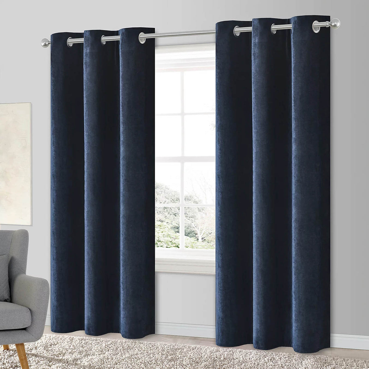 Arntzen Lined Eyelet Curtains Navy Woven Pair 167x183cm Thermal - Image 2