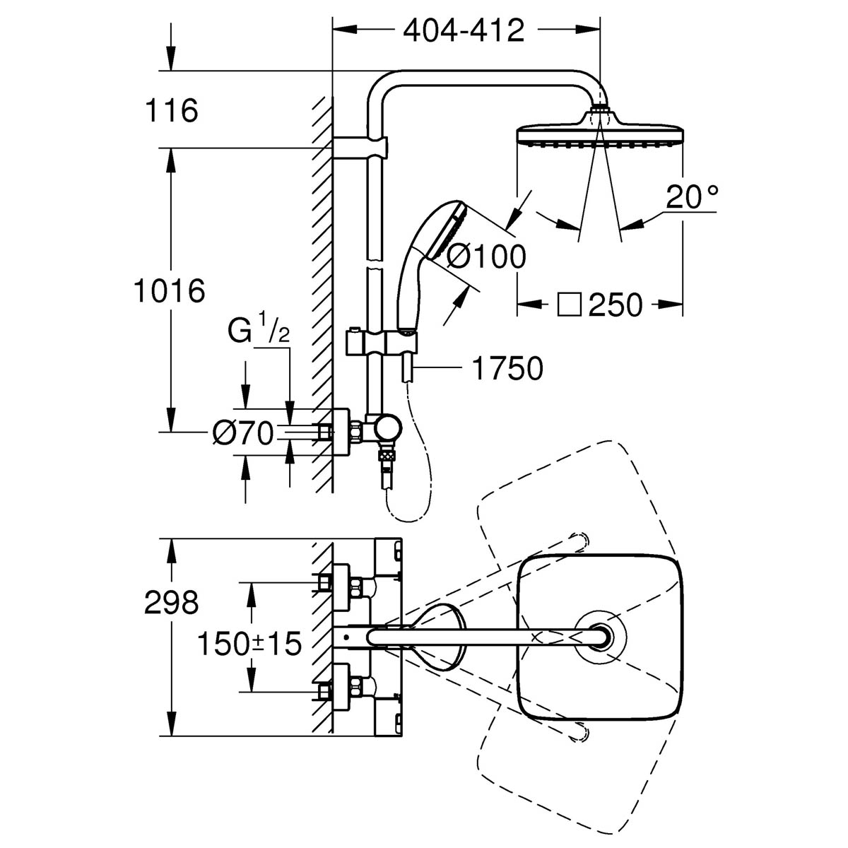 Grohe Thermostatic Mixer Shower Chrome Twin Square Heads Modern Bathroom - Image 3