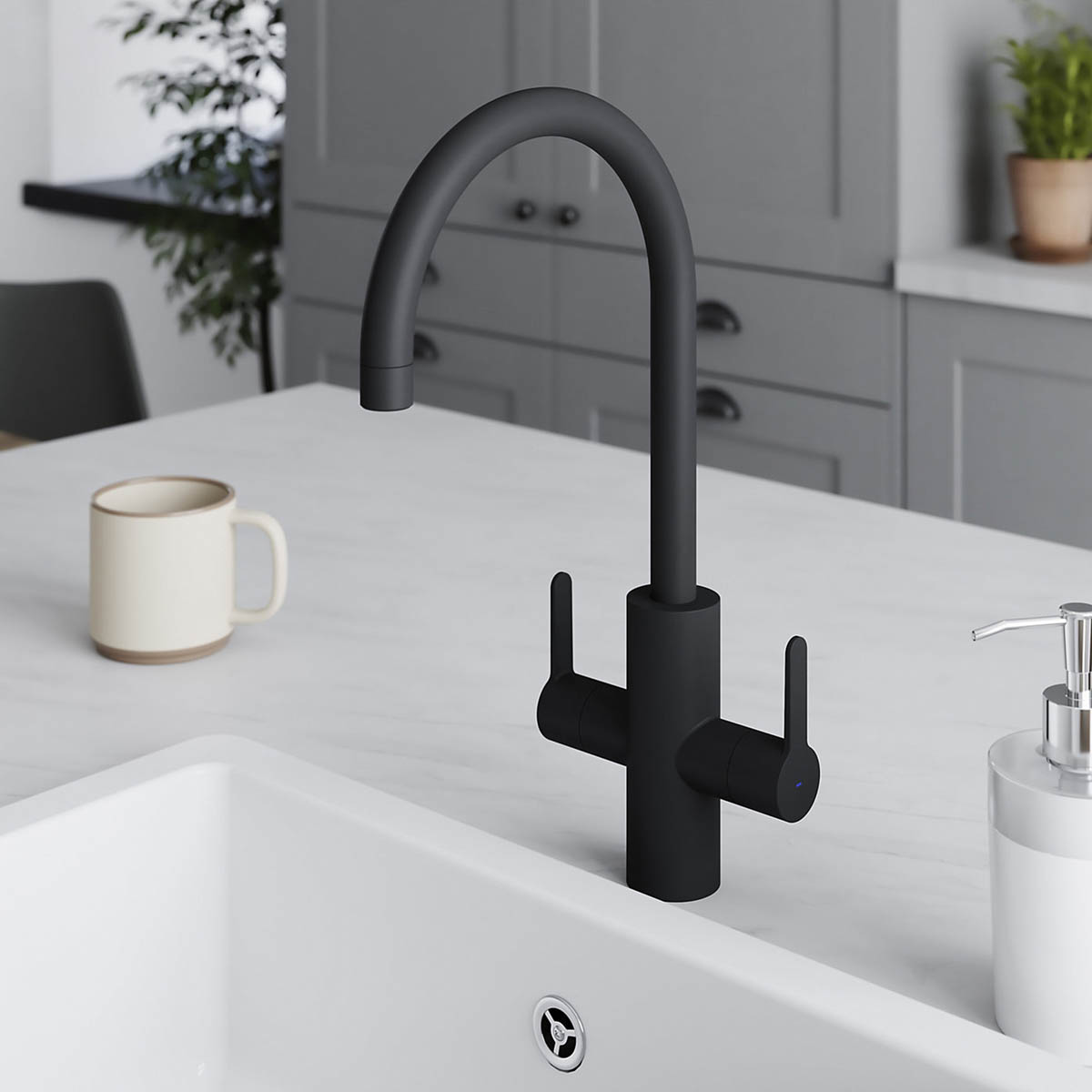 Kitchen Tap Mixer Black Graphite Brass Dual Lever Swivel Spout Modern Faucet - Image 2