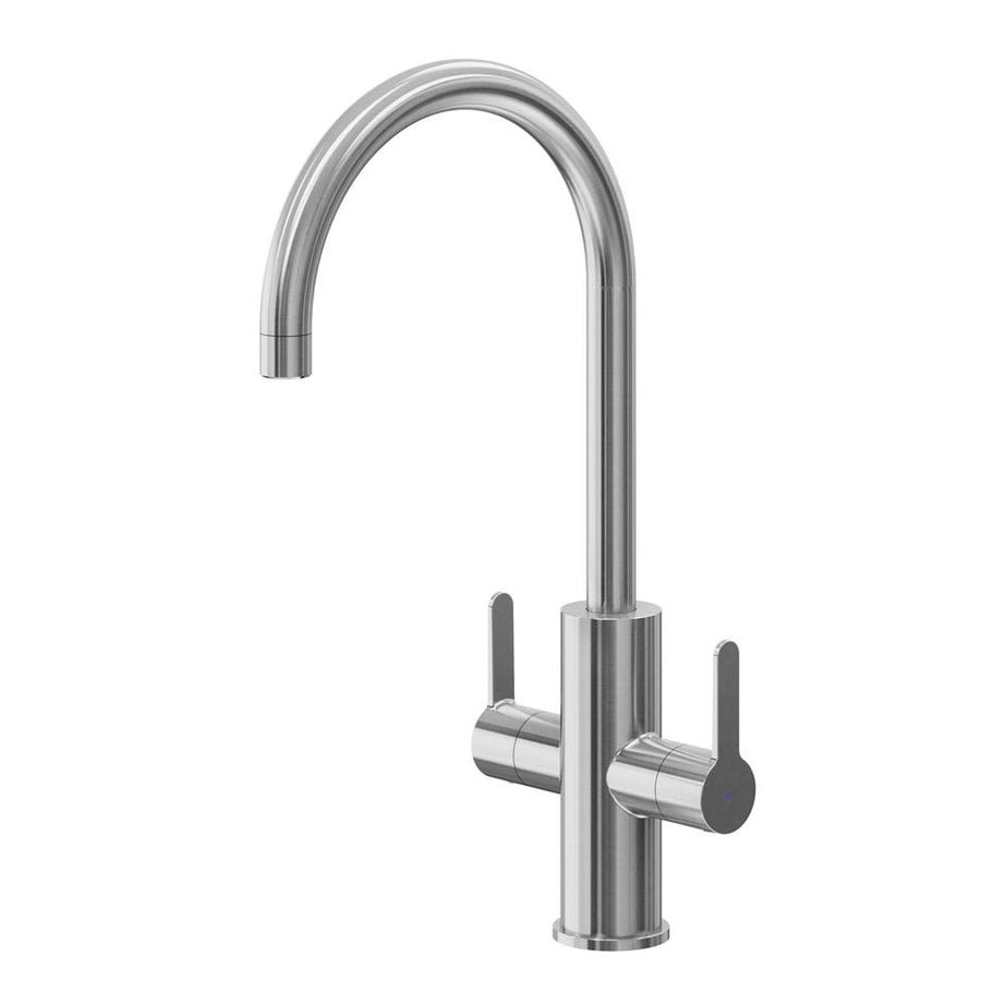 Kitchen Sink Tap Mixer Dual Lever Gloss Stainless Steel Swivel Spout Contemporary - Image 1