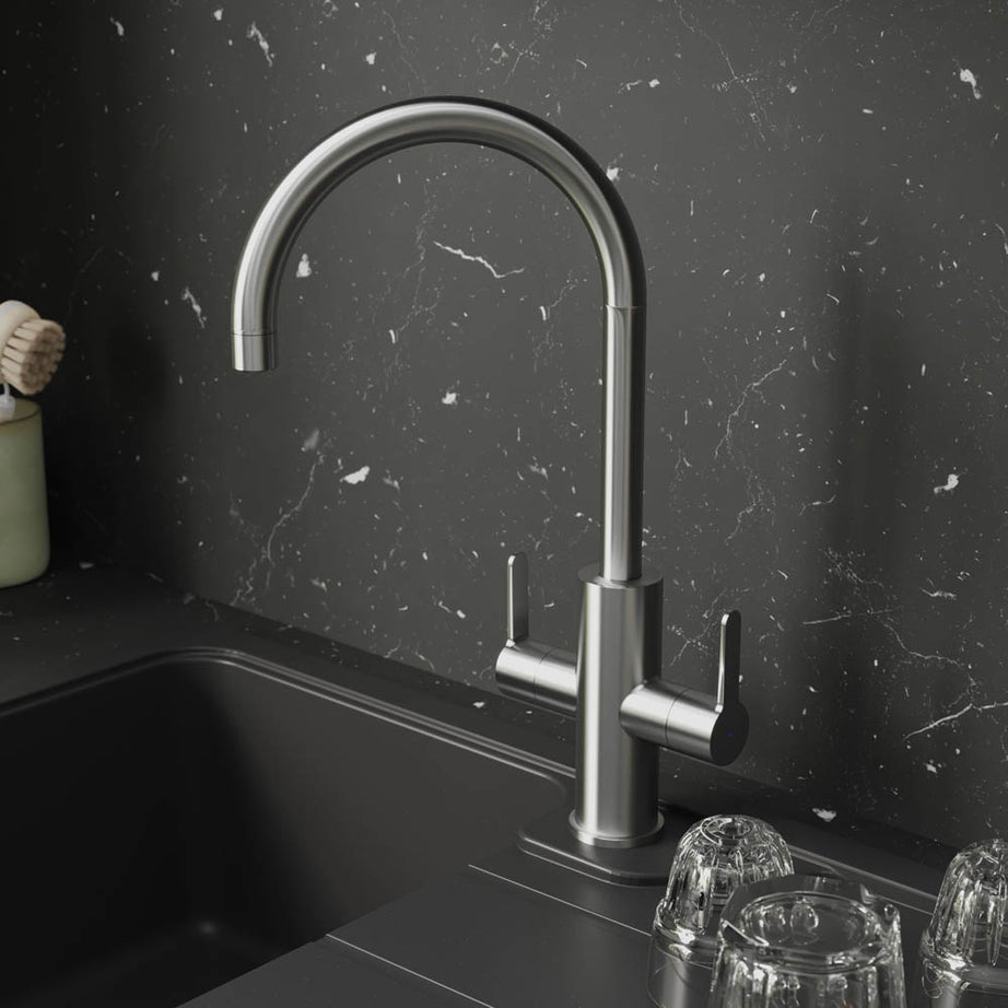 Kitchen Sink Tap Mixer Dual Lever Gloss Stainless Steel Swivel Spout Contemporary - Image 2