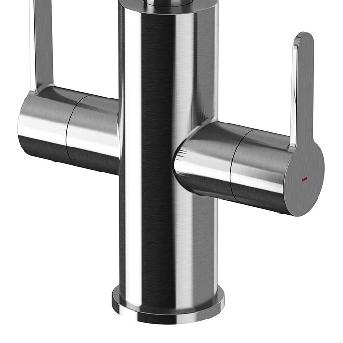 Kitchen Mixer Tap Gloss Twin Lever Contemporary Steel Effect Swivel Spout - Image 4