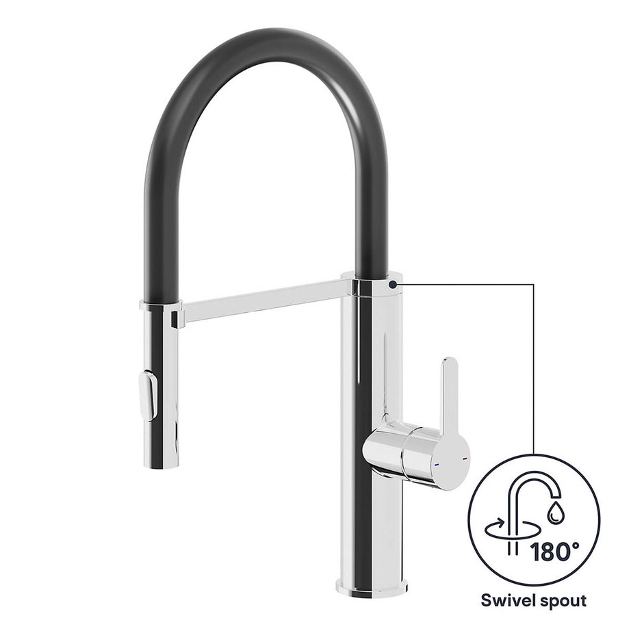 Kitchen Tap Mixer Black Chrome Single Lever Spring Neck Swivel Spout Faucet - Image 9