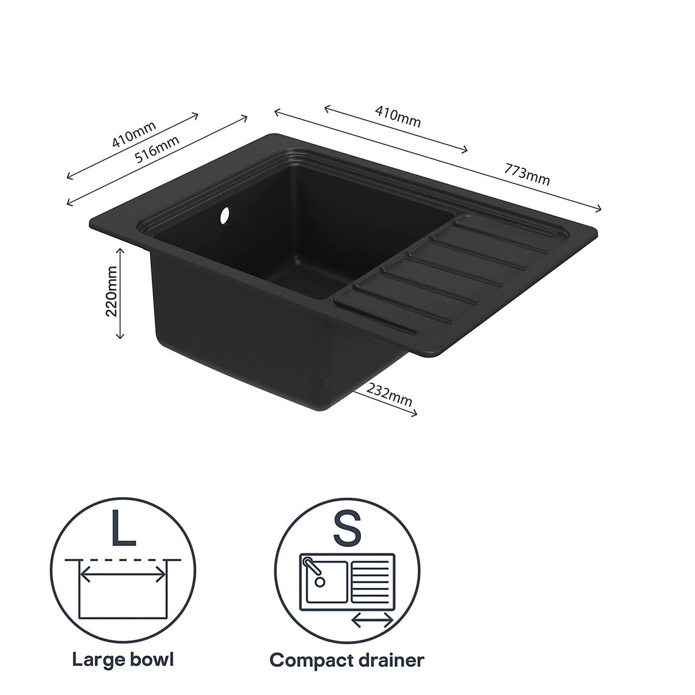 GoodHome Romesco Composite Quartz Sink Drainer Black 773x773mm - Image 8