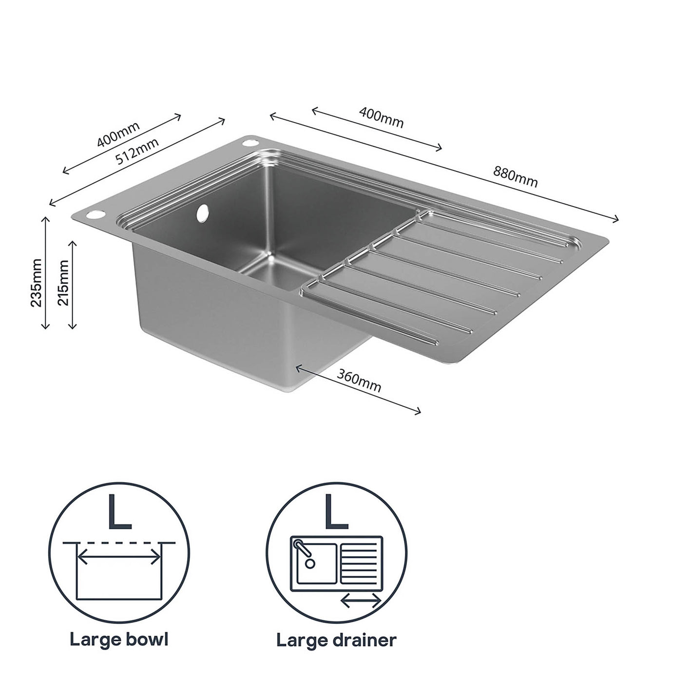 GoodHome Romesco 1 Bowl Sink Drainer Brushed Steel 510x880mm - Image 8