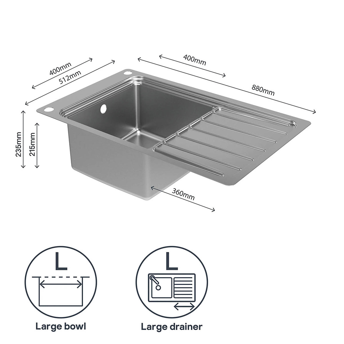 GoodHome Romesco 1 Bowl Sink Drainer Brushed Steel 510x880mm - Image 8
